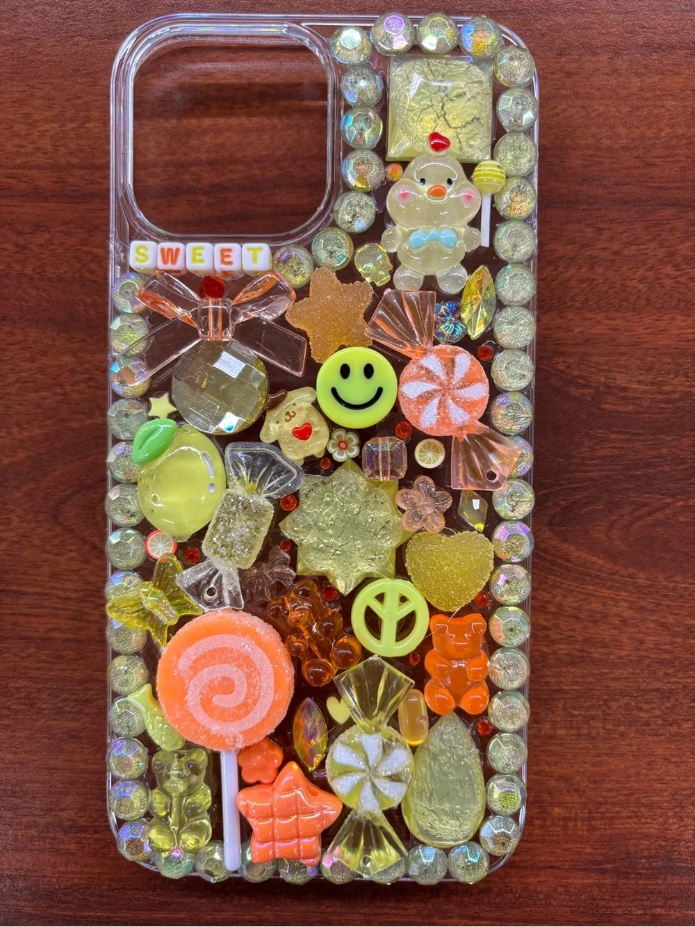 Apple Clear Phone Case with Lime Green Glitter Charms